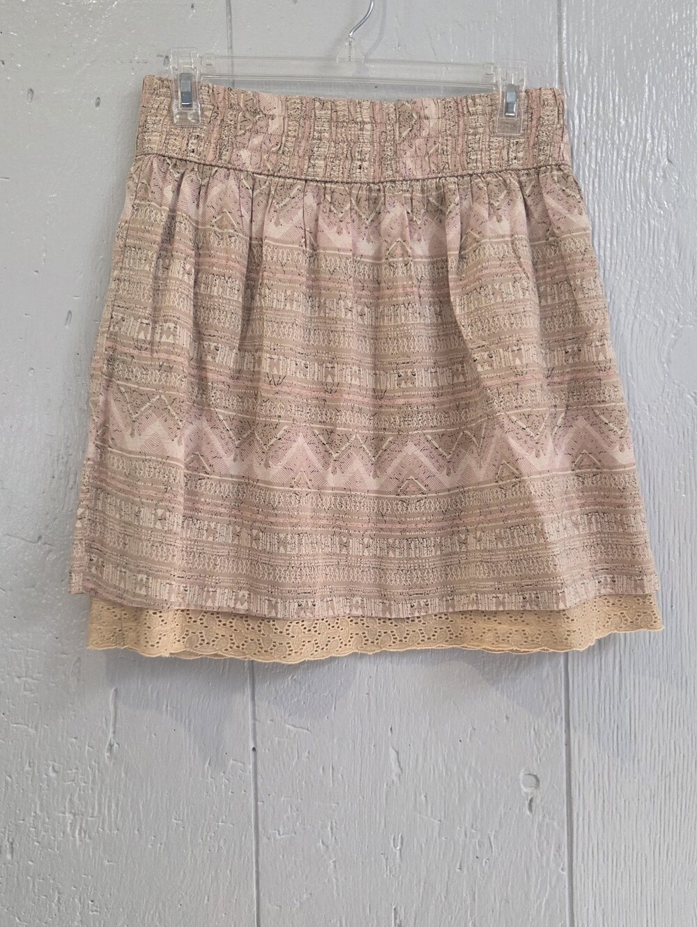 Women's Pink Patterned Tiered Mini Skirt with Lace Trim